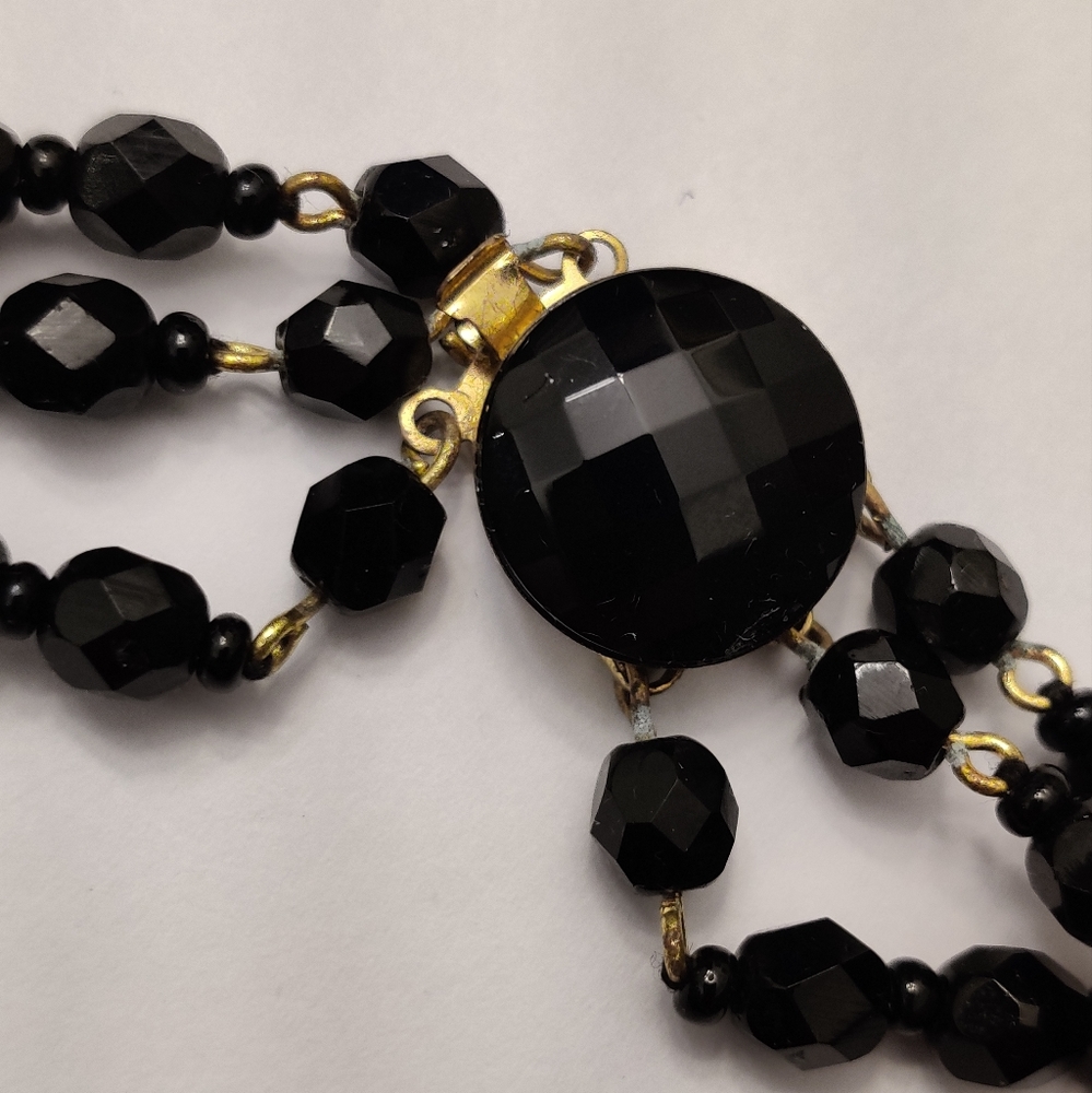 Vintage 60s Jet Black Crystal Graduated Triple Stand Necklace - Picture 3 of 13